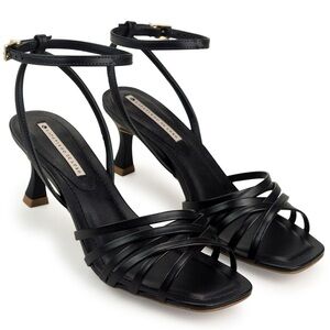 Black leather Strappy Heels ankle closure size 5 new in box vegan cushioned